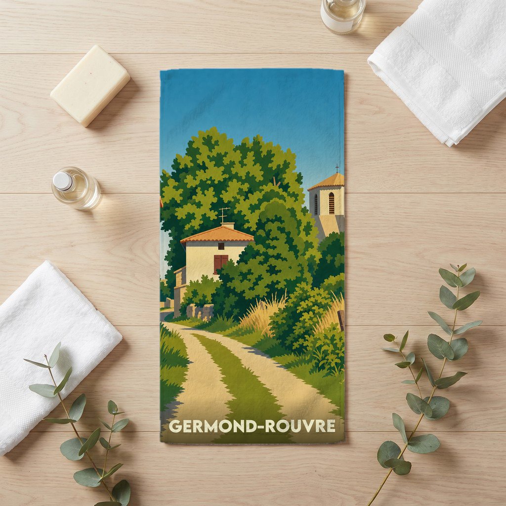 Serviette de bain souvenir de la ville de Germond-Rouvre avec une illustration de paysage champêtre.