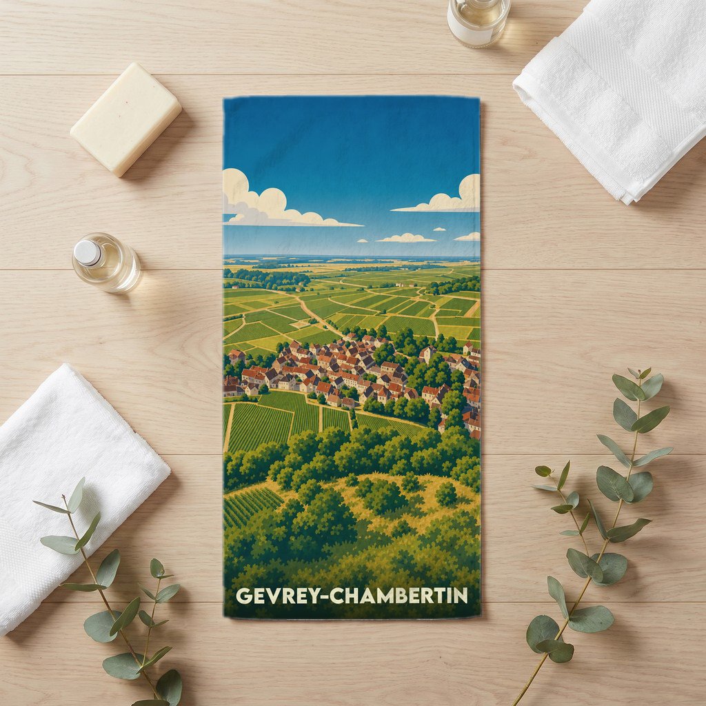 Serviette de bain souvenir de Gevrey-Chambertin illustrée d'un paysage de vignobles stylisé.