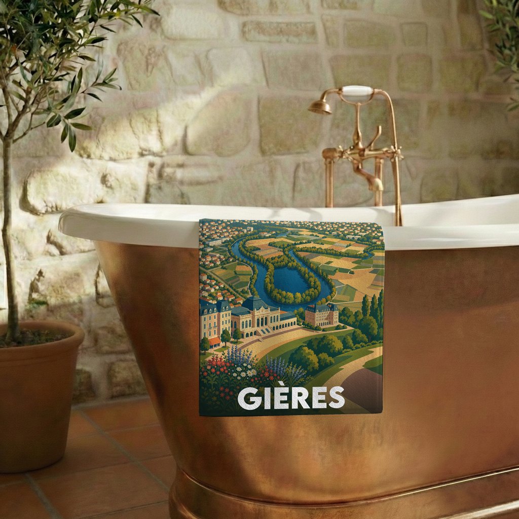 Serviette de bain souvenir de la ville de Gières avec une illustration stylisée.