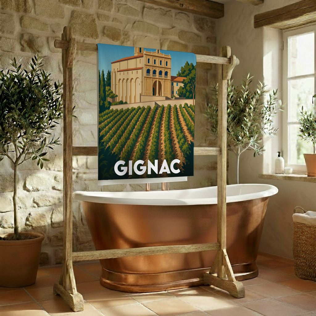 Serviette de bain souvenir de la ville de Gignac avec une illustration stylisée d'un vignoble et de son église.
