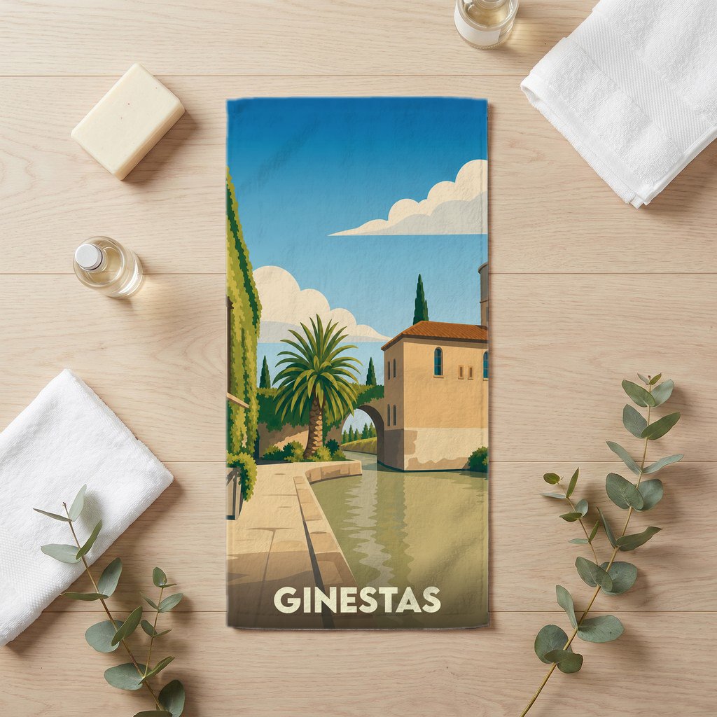 Serviette de bain souvenir de la ville de Ginestas avec une illustration stylisée.
