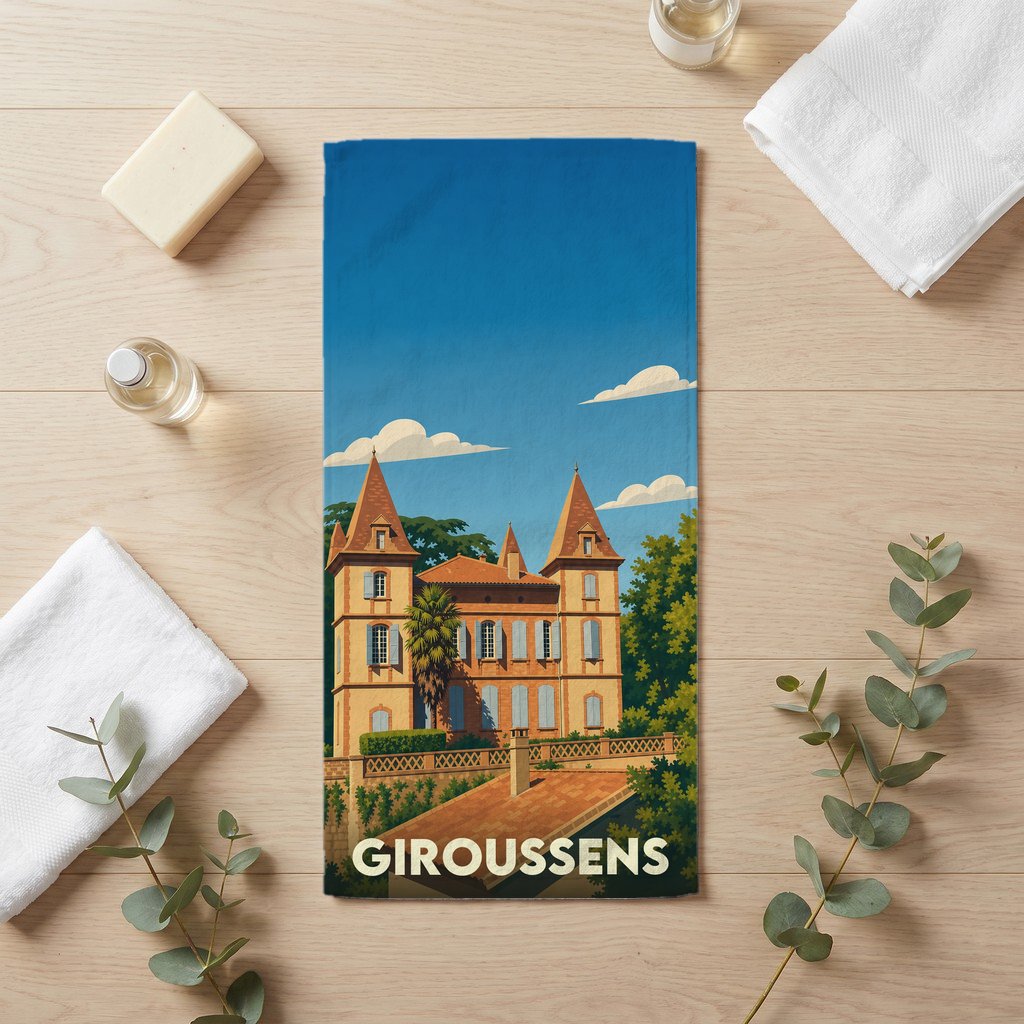 Serviette de bain souvenir de la ville de Giroussens avec une illustration stylisée d'un château.