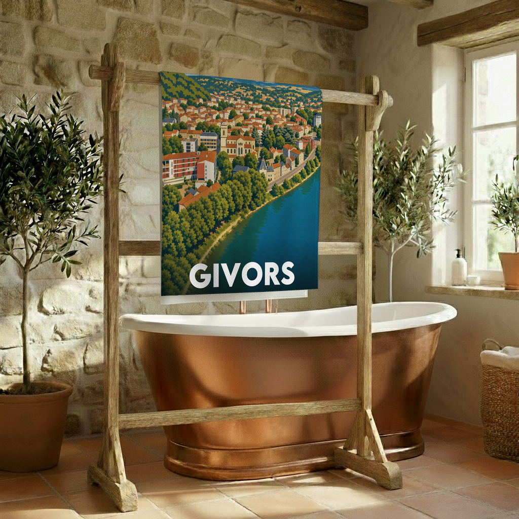 Serviette de bain souvenir de la ville de Givors avec une illustration stylisée.