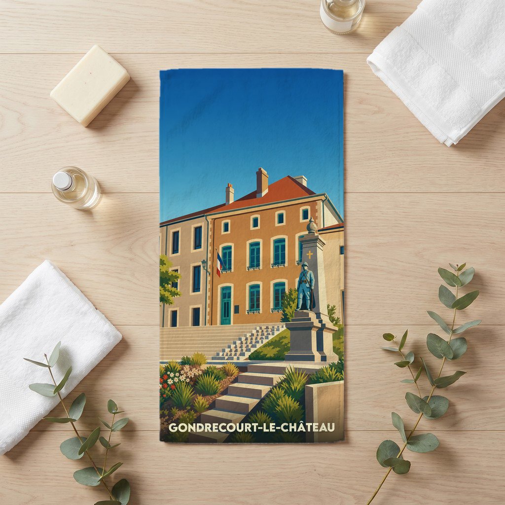 Serviette de bain souvenir de Gondrecourt-le-Château avec une illustration stylisée de la mairie et de son monument.