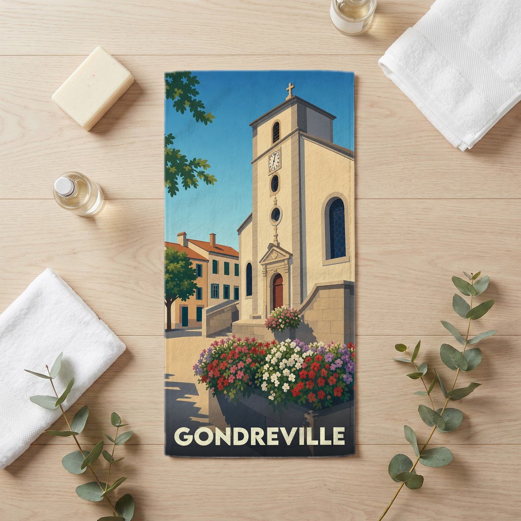 Serviette de bain souvenir de la ville de Gondreville avec une illustration stylisée de son église fleurie.