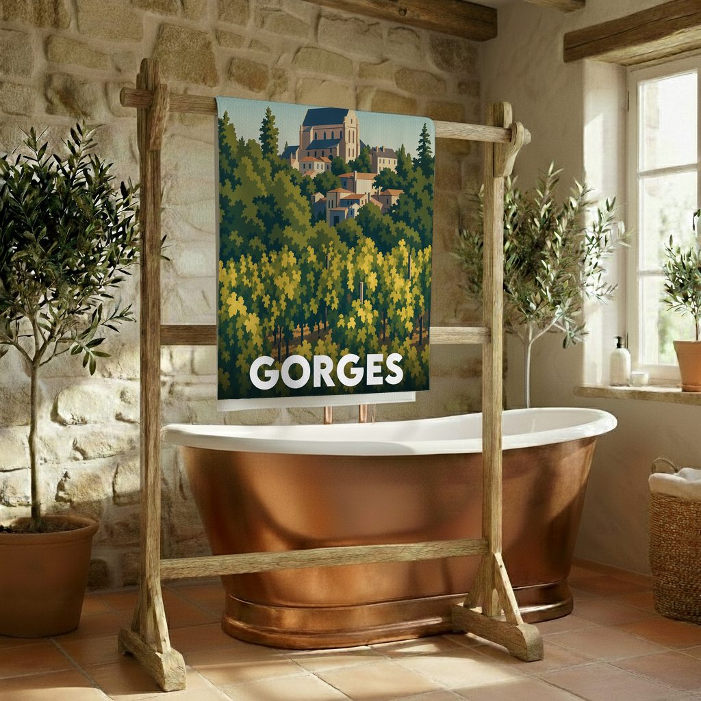 Serviette de bain souvenir de la ville de Gorges avec une illustration paysagère stylisée.