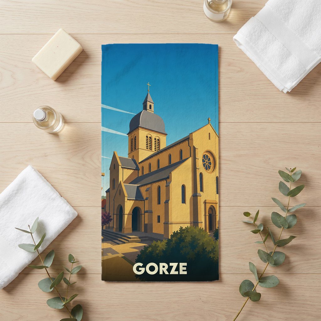 Serviette de bain souvenir de la ville de Gorze illustrée d'une église de style roman sous un ciel bleu.
