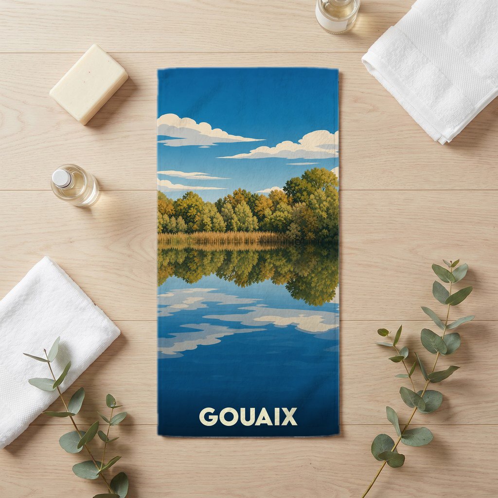 Serviette de bain souvenir de la ville de Gouaix avec une illustration stylisée d'un paysage lacustre.