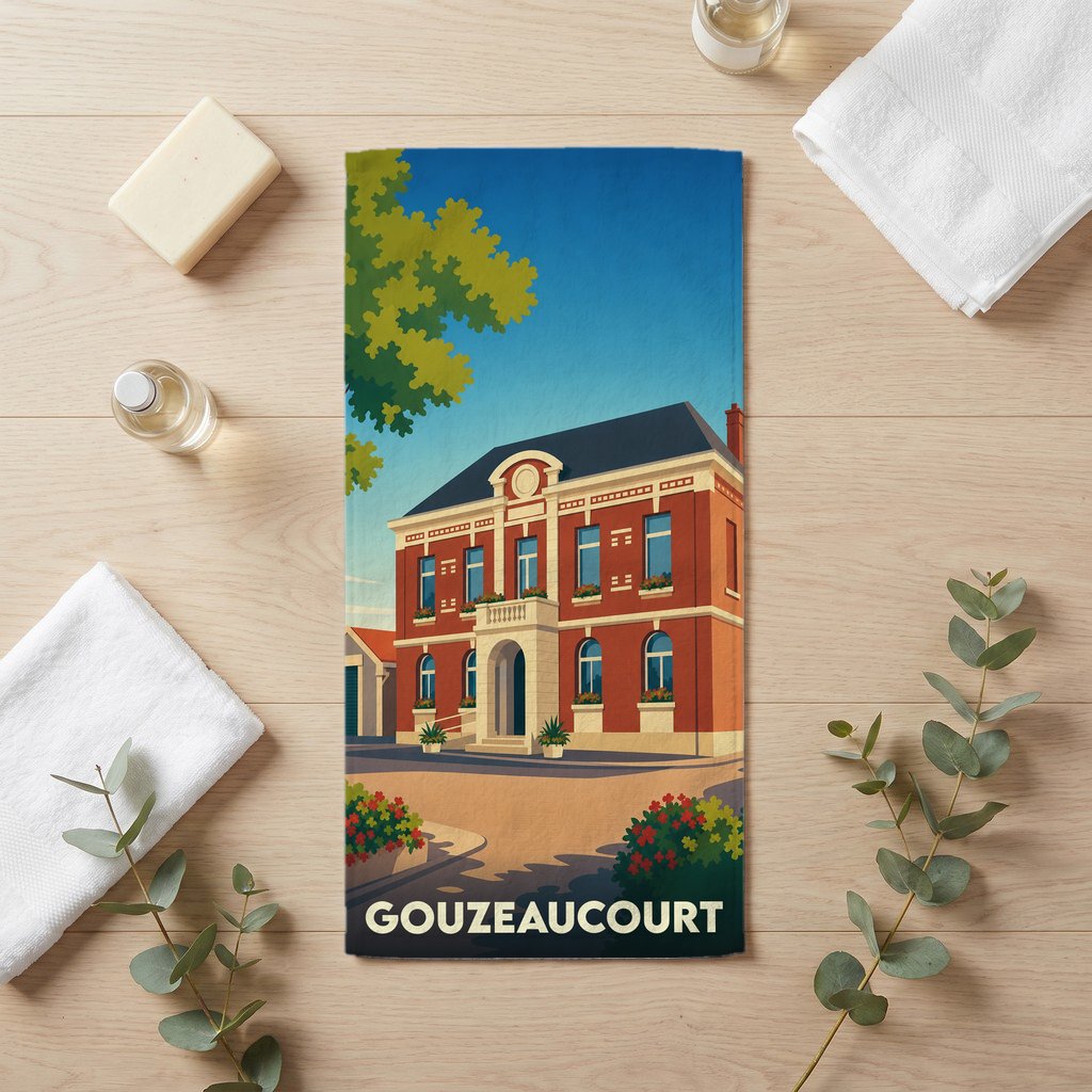 Serviette de bain souvenir de la ville de Gouzeaucourt avec une illustration stylisée.