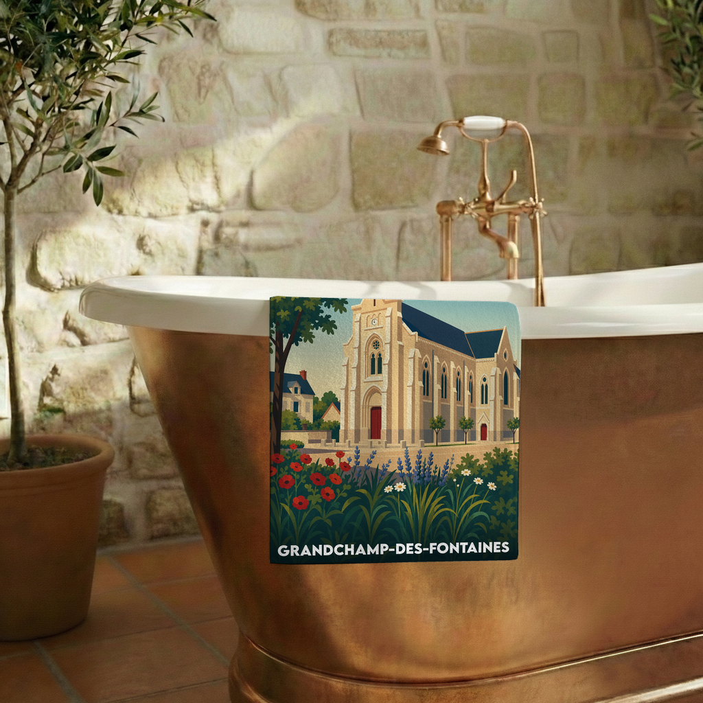 Serviette de bain souvenir de Grandchamp-des-Fontaines avec une illustration stylisée de son église.