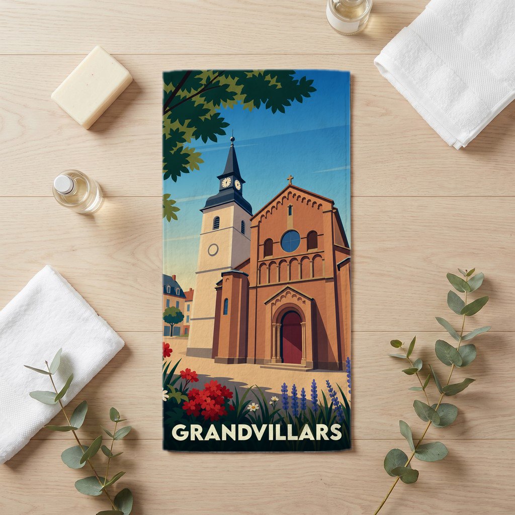 Serviette de bain souvenir de la ville de Grandvillars avec une illustration stylisée d'une église locale.