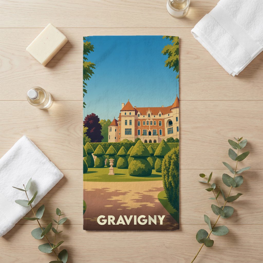 Serviette de bain souvenir de la ville de Gravigny avec une illustration stylisée d'un château et de ses jardins.