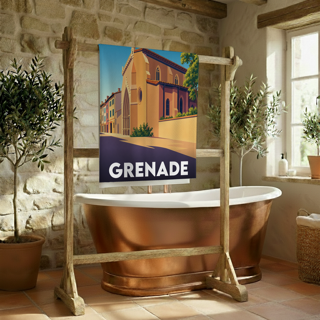 Serviette de bain souvenir de la ville de Grenade avec une illustration stylisée.