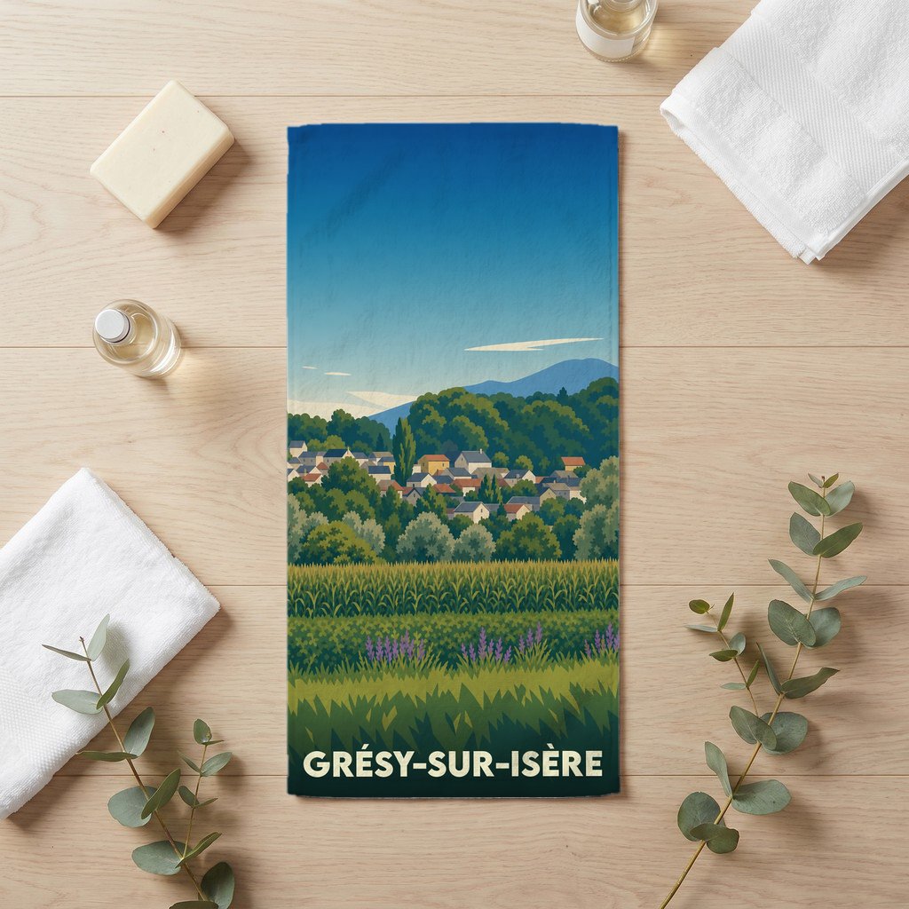 Serviette de bain souvenir de la ville de Grésy-sur-Isère avec une illustration paysagère stylisée.
