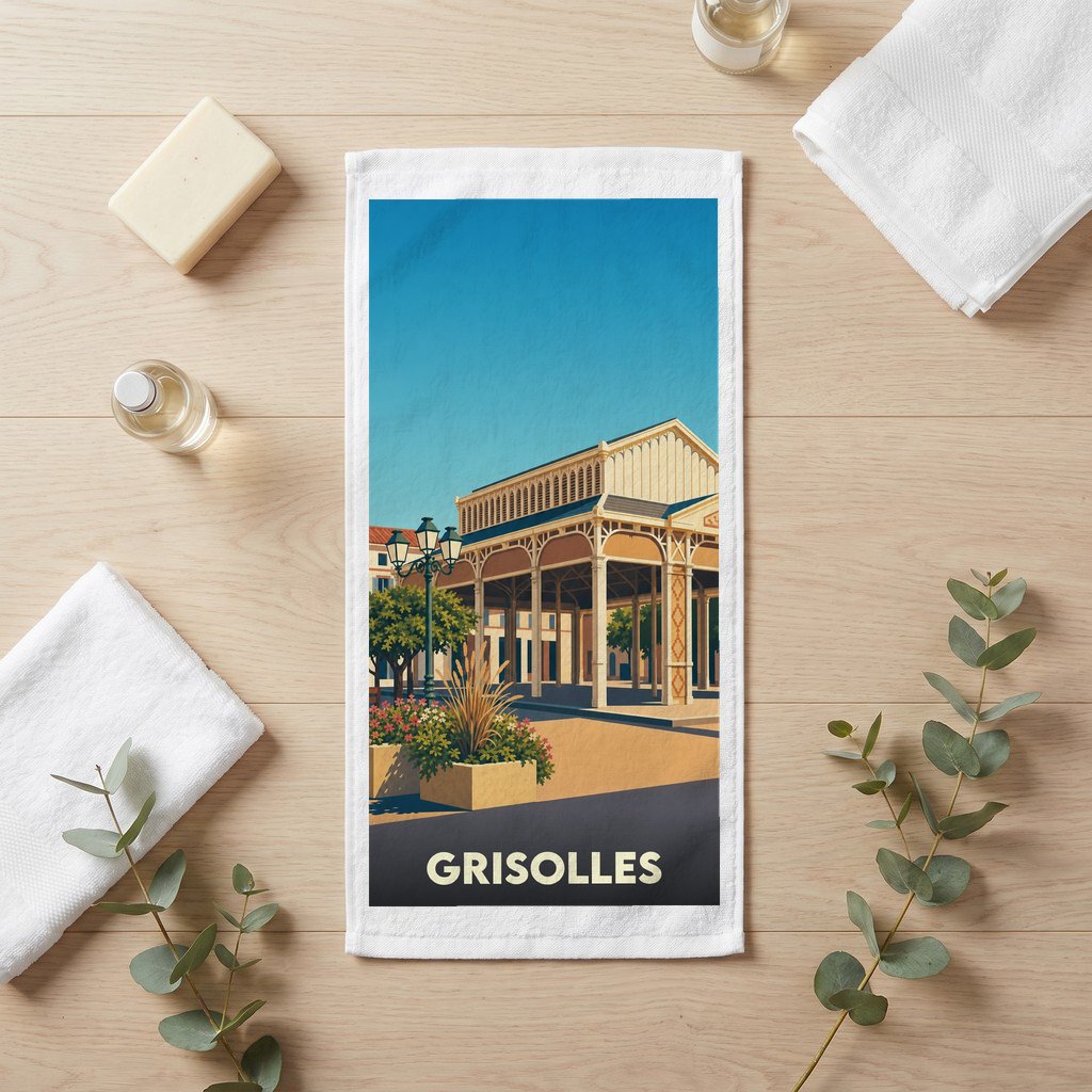 Serviette de bain souvenir de la ville de Grisolles avec une illustration stylisée d'une halle historique.