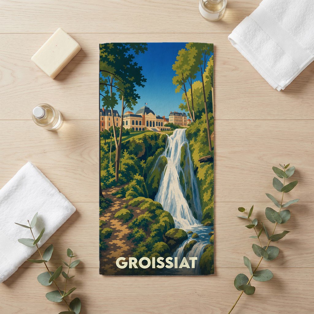 Serviette de bain souvenir de la ville de Groissiat avec une illustration stylisée de cascade et de bâtiments historiques.