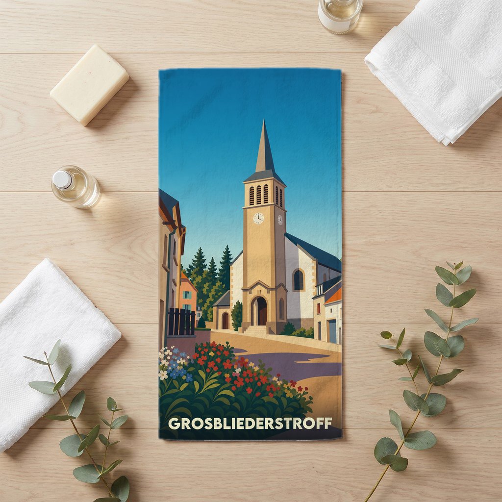 Serviette de bain souvenir de la ville de Grosbliederstroff avec une illustration stylisée d'une église.