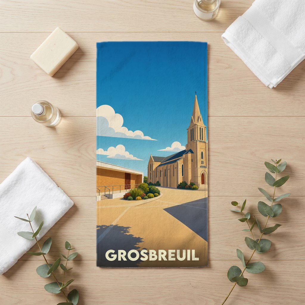 Serviette de bain souvenir de la ville de Grosbreuil avec une illustration stylisée de son église.
