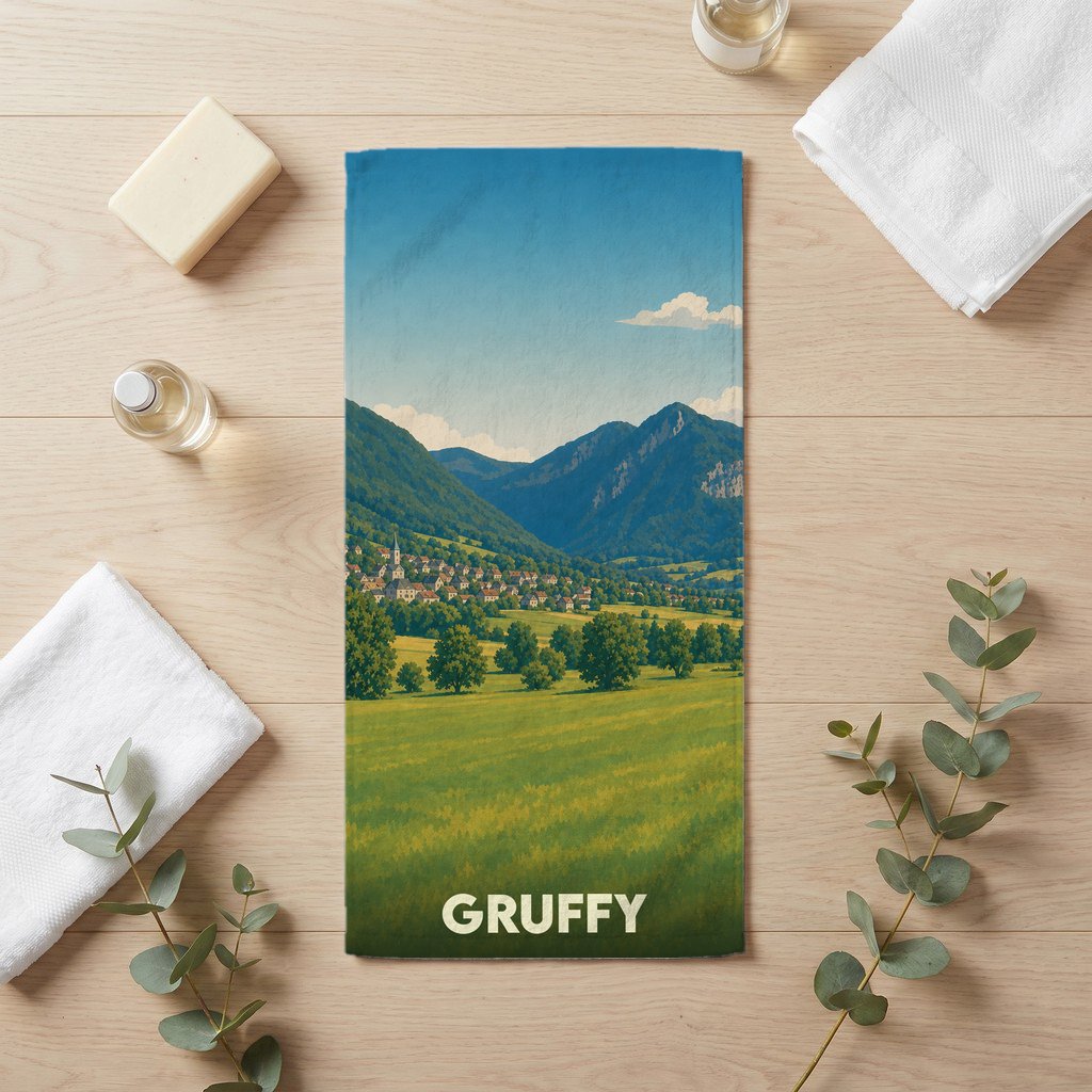Serviette de bain souvenir de la ville de Gruffy avec une illustration stylisée de son paysage montagneux.