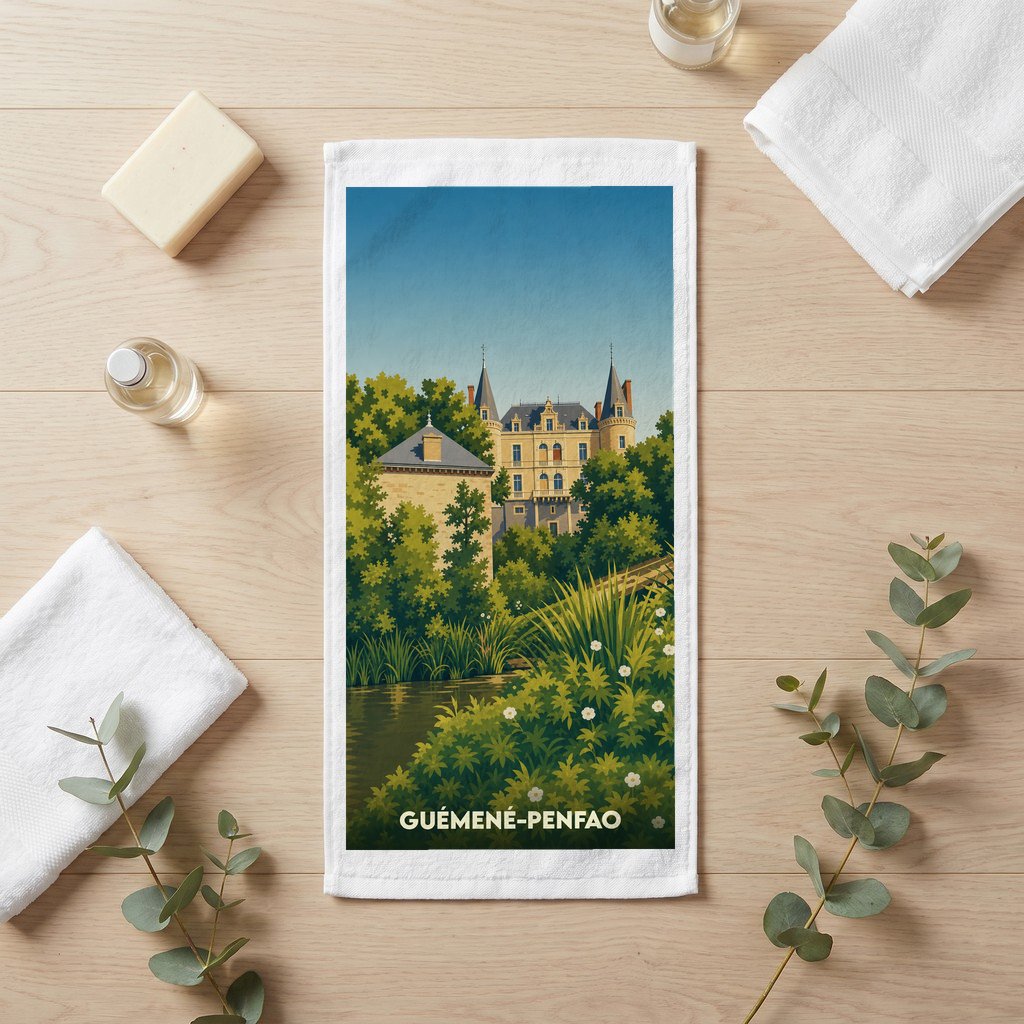 Serviette de bain souvenir de la ville de Guémené-Penfao avec une illustration stylisée de son château.