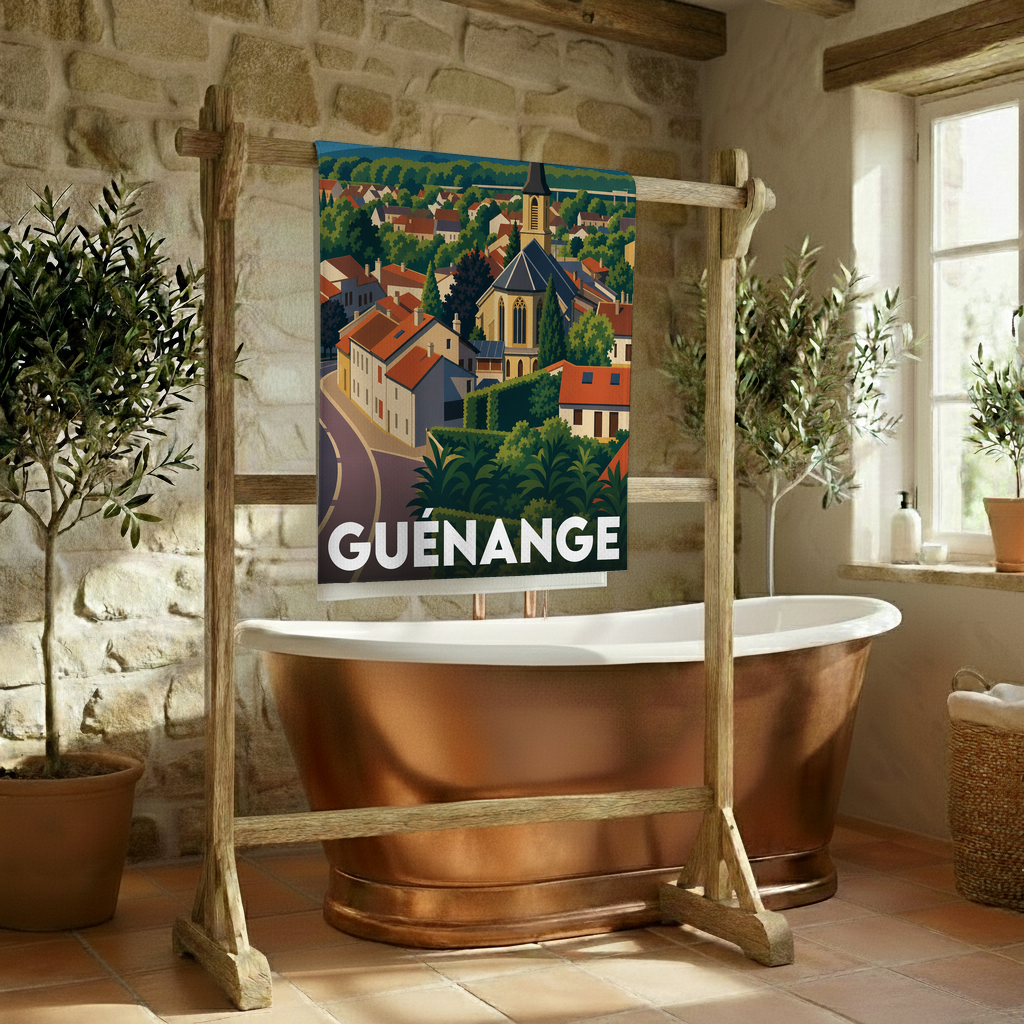 Serviette de bain souvenir de la ville de Guénange avec une illustration stylisée.