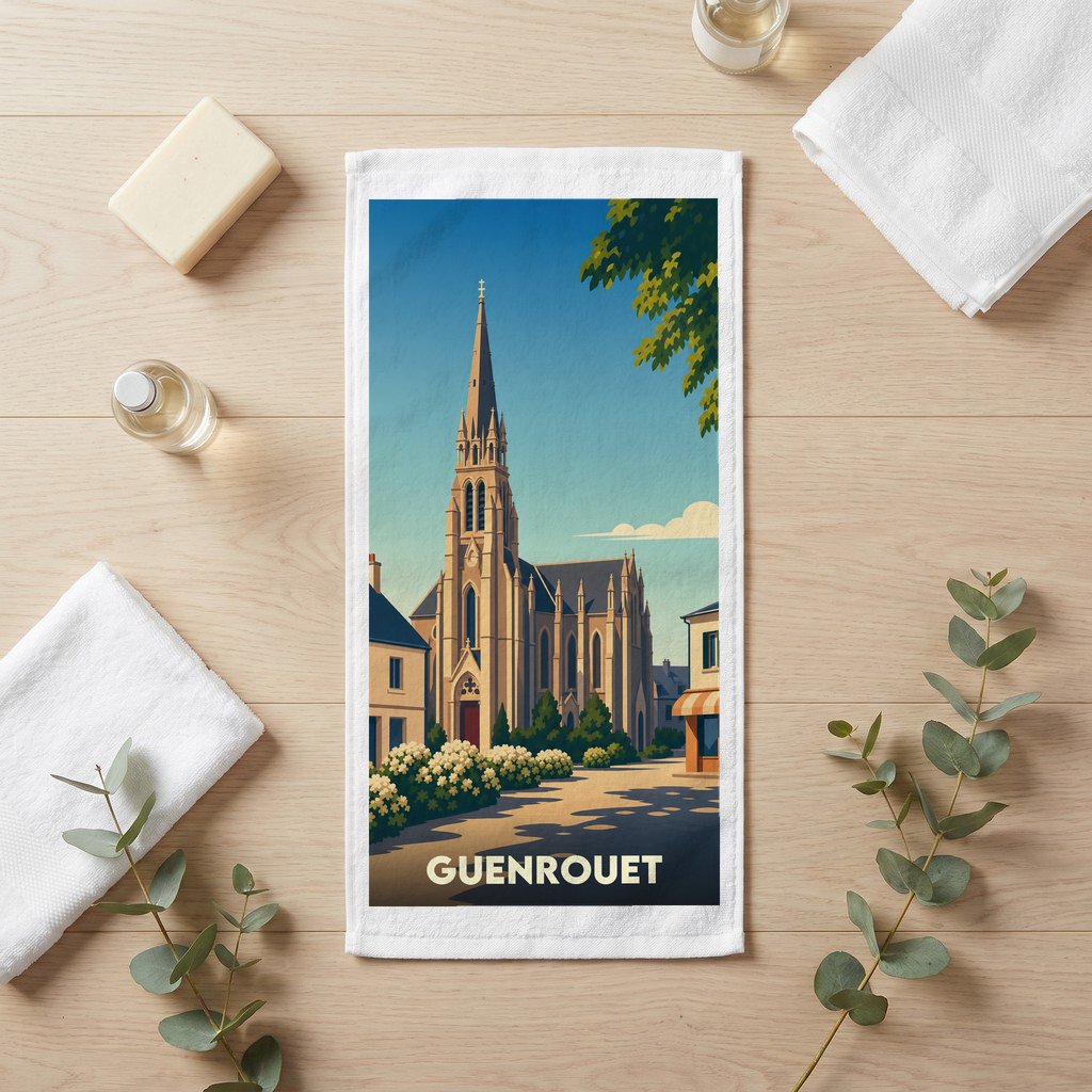 Serviette de bain souvenir de la ville de Guenrouet avec une illustration stylisée de son église.