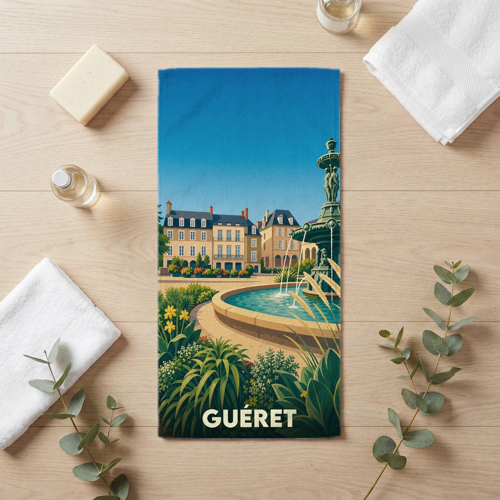 Serviette de bain souvenir de la ville de Guéret illustrant une fontaine et des bâtiments classiques.