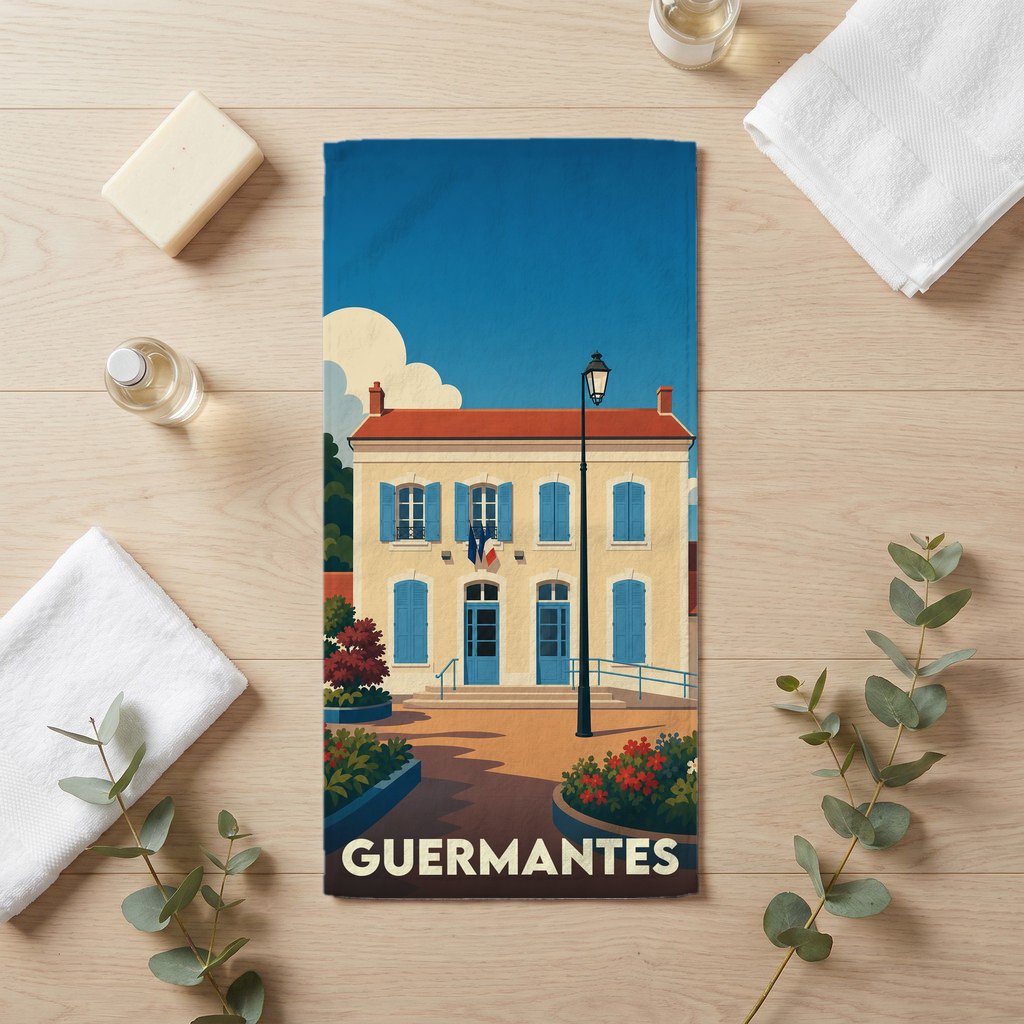 Serviette de bain souvenir de la ville de Guermantes avec une illustration stylisée.