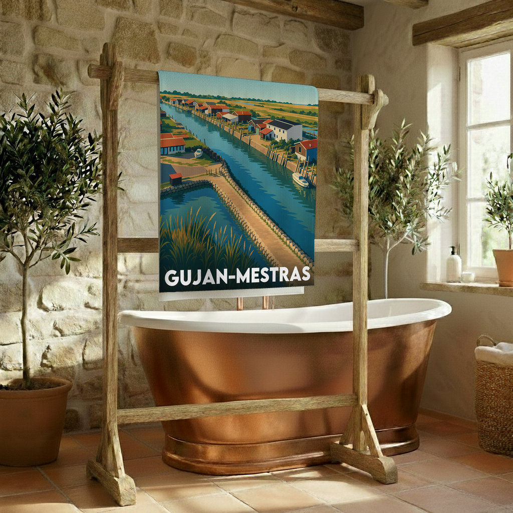 Serviette de bain souvenir de la ville de Gujan-Mestras avec une illustration stylisée de son port ostréicole.