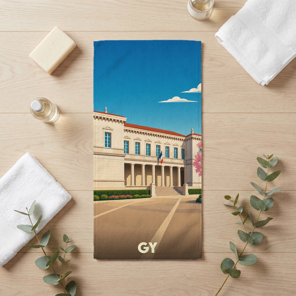 Serviette de bain souvenir de la ville de Gy illustrée d'un bâtiment néoclassique stylisé sous un ciel bleu.