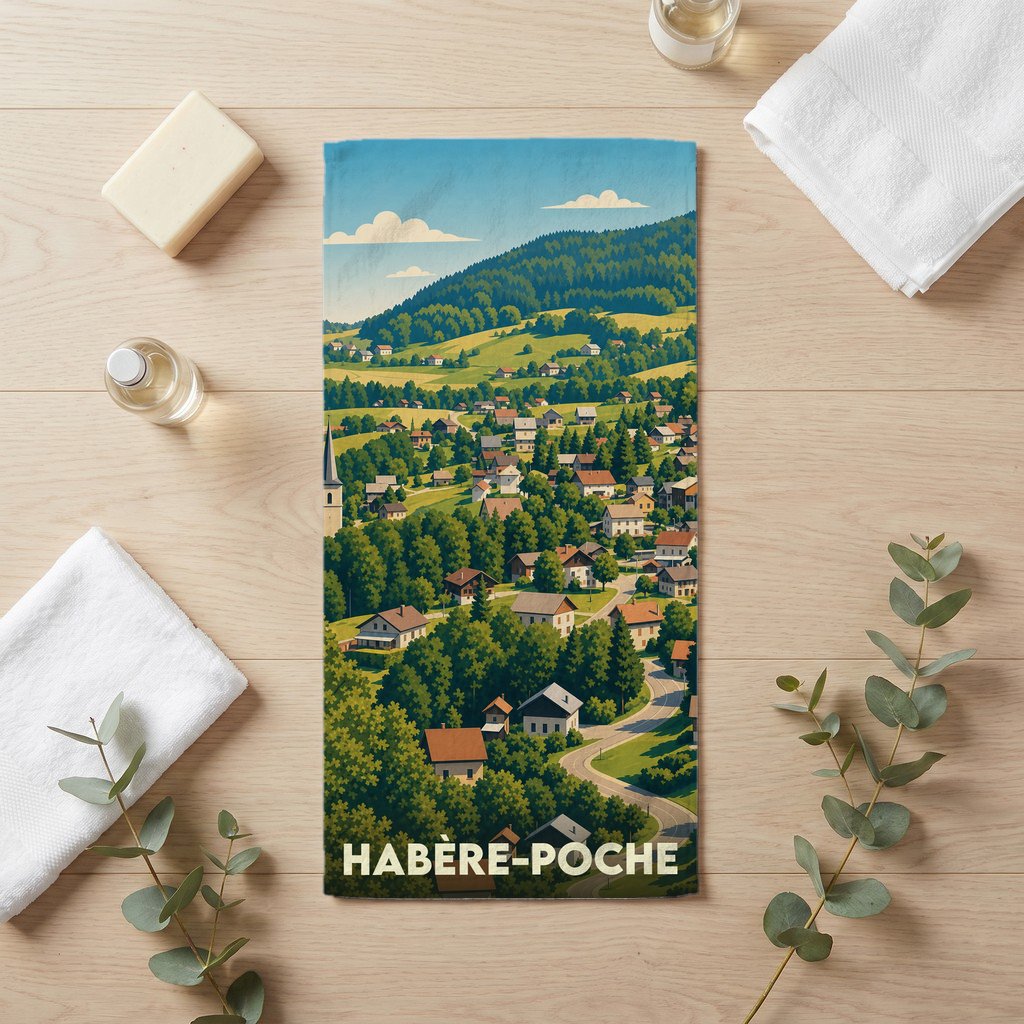 Serviette de bain souvenir de la ville de Habère-Poche avec une illustration de paysage de montagne.