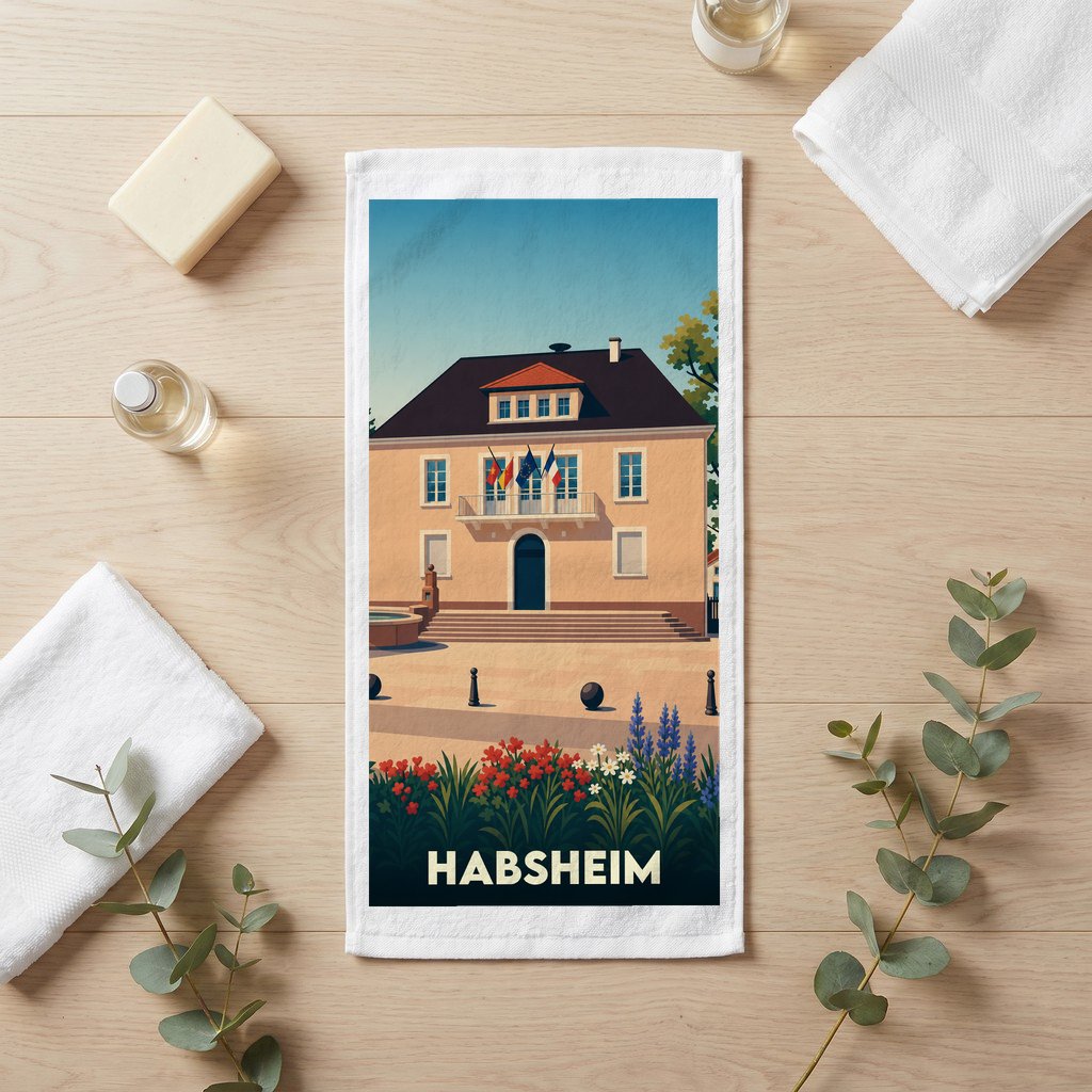 Serviette de bain souvenir de la ville de Habsheim avec une illustration stylisée.