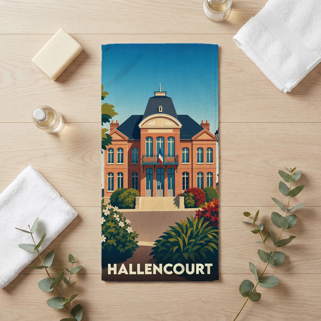 Serviette de bain souvenir de la ville de Hallencourt avec une illustration stylisée de la mairie.