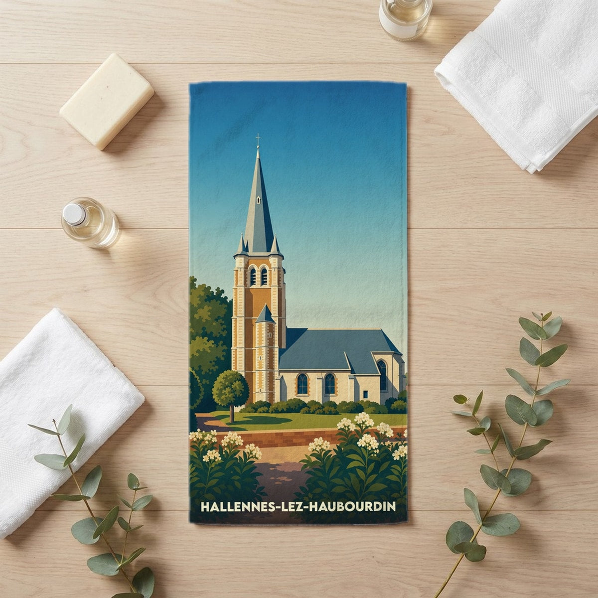 Serviette de bain 30 cm x 60 cm souvenir de Hallennes-lez-Haubourdin
