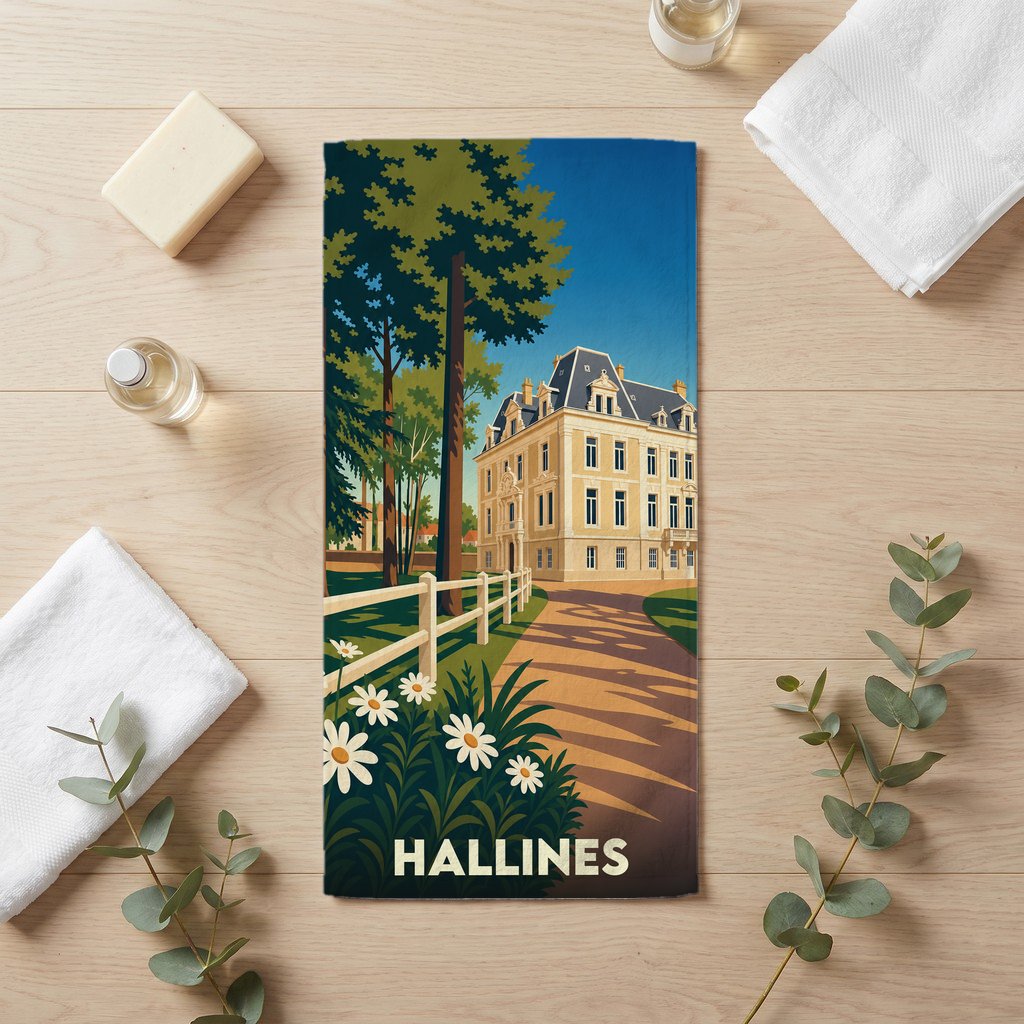 Serviette de bain souvenir de la ville de Hallines illustrant un château dans un parc arboré.
