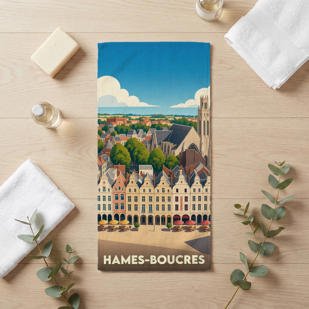 Serviette de bain souvenir de la ville de Hames-Boucres avec une illustration stylisée de son architecture.