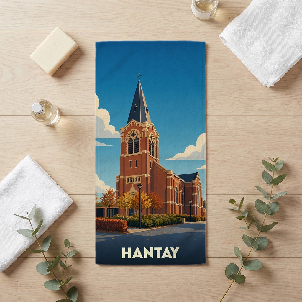 Serviette souvenir de la ville de Hantay avec une illustration stylisée de son église.