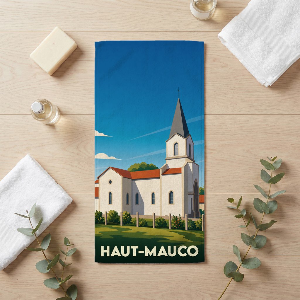 Serviette de bain souvenir de la ville de Haut-Mauco avec une illustration stylisée de son église.