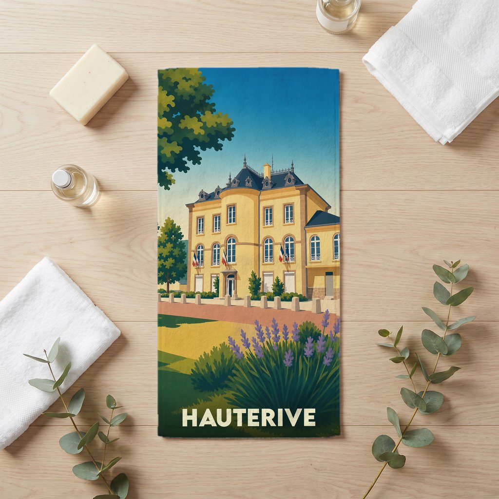 Serviette de bain souvenir de la ville de Hauterive avec une illustration stylisée.
