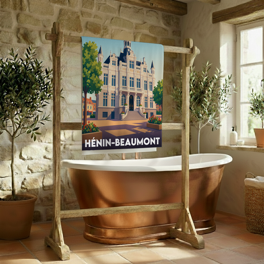 Serviette de bain souvenir de la ville de Hénin-Beaumont avec une illustration stylisée.