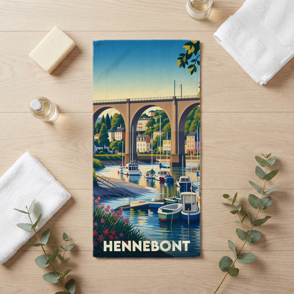 Serviette de bain souvenir de la ville de Hennebont avec une illustration stylisée de son viaduc et de son port.