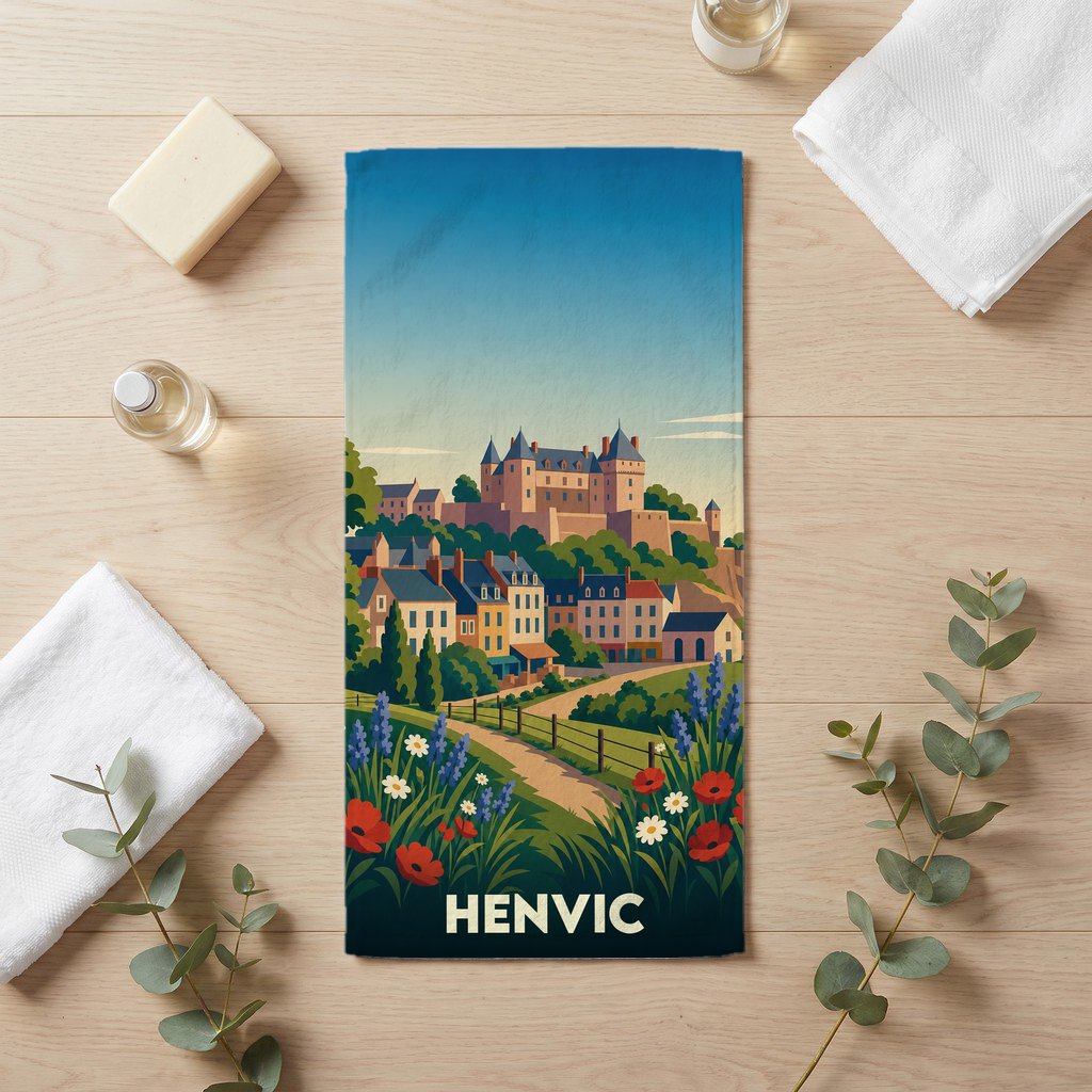 Serviette de bain souvenir de la ville de Henvic avec une illustration stylisée d'un château surplombant un village fleuri.