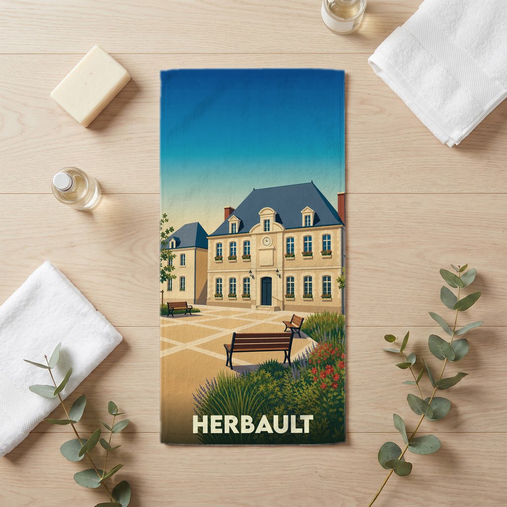 Serviette de bain souvenir de la ville de Herbault avec une illustration stylisée de sa place principale.
