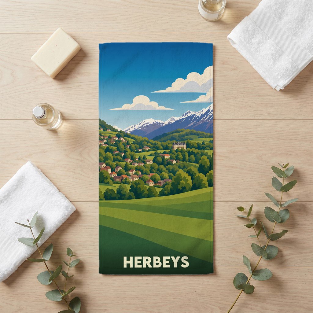 Serviette de bain souvenir de la ville de Herbeys avec une illustration de paysage montagneux.