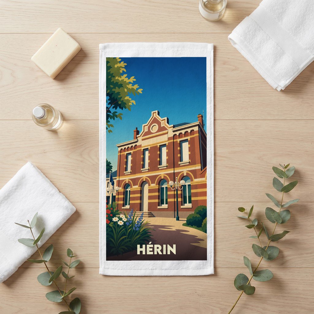 Serviette de bain souvenir de la ville de Hérin avec une illustration stylisée.