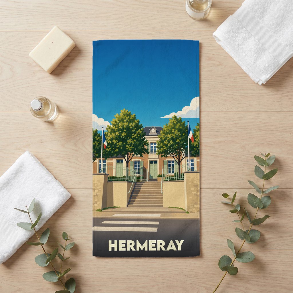 Serviette de bain souvenir de la ville de Hermeray avec une illustration stylisée de sa mairie.