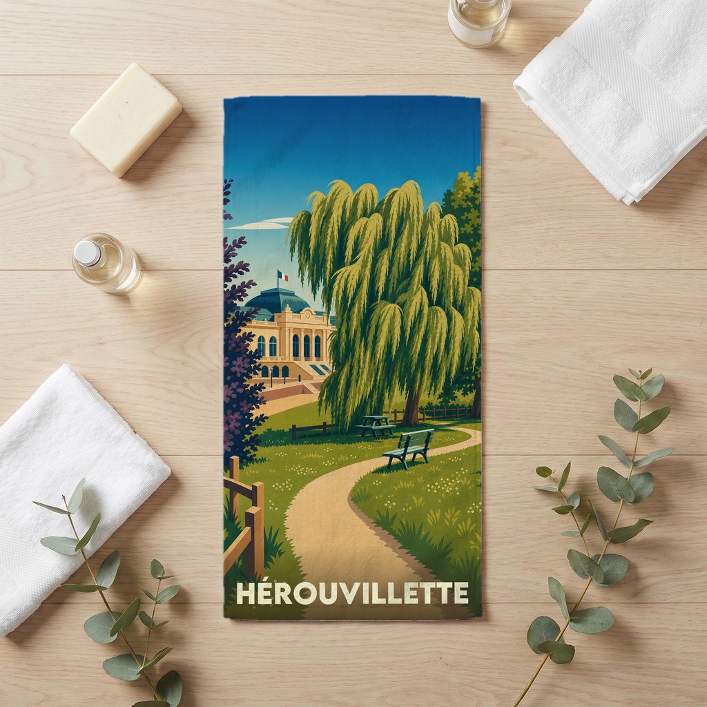 Serviette de bain souvenir de la ville de Hérouvillette avec une illustration stylisée d'un parc.