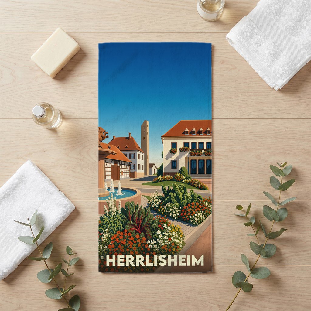 Serviette de bain souvenir de la ville de Herrlisheim avec une illustration stylisée.