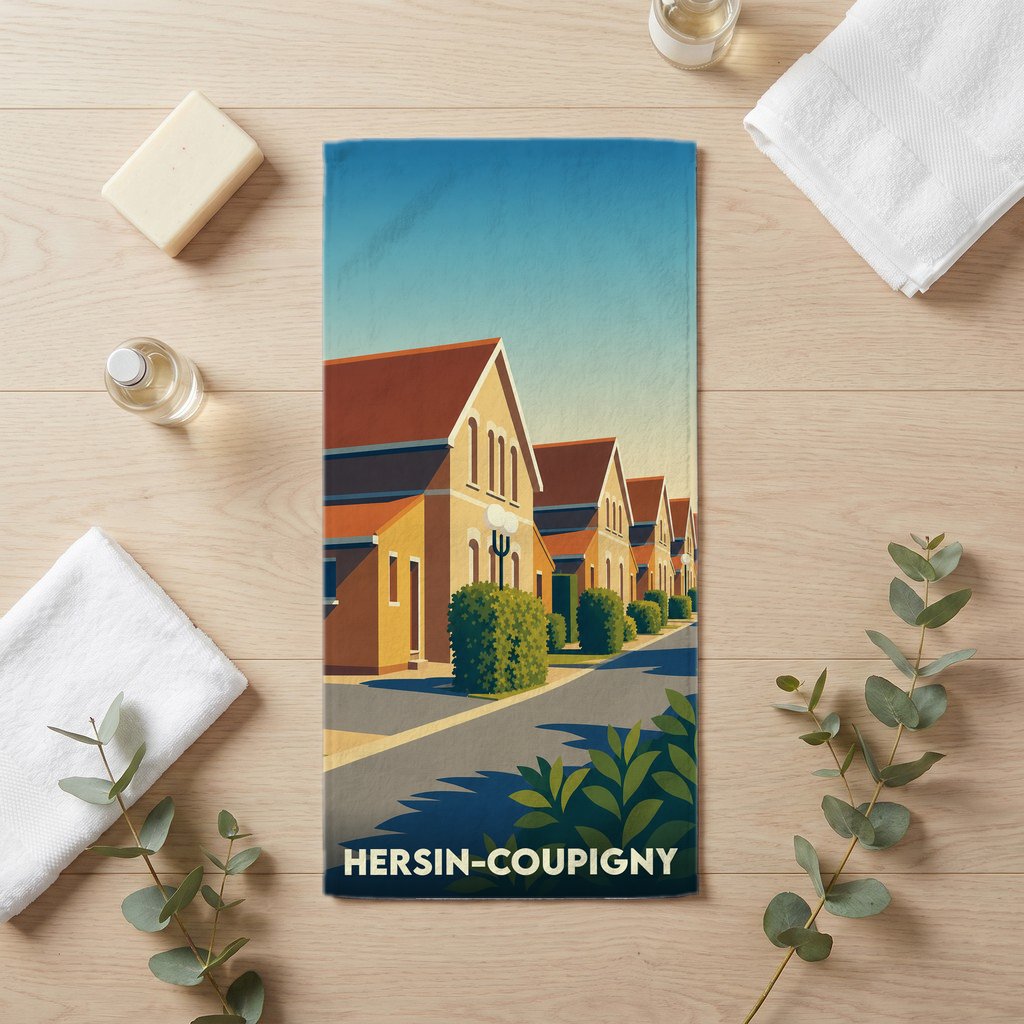 Serviette de bain souvenir de la ville de Hersin-Coupigny avec une illustration stylisée.