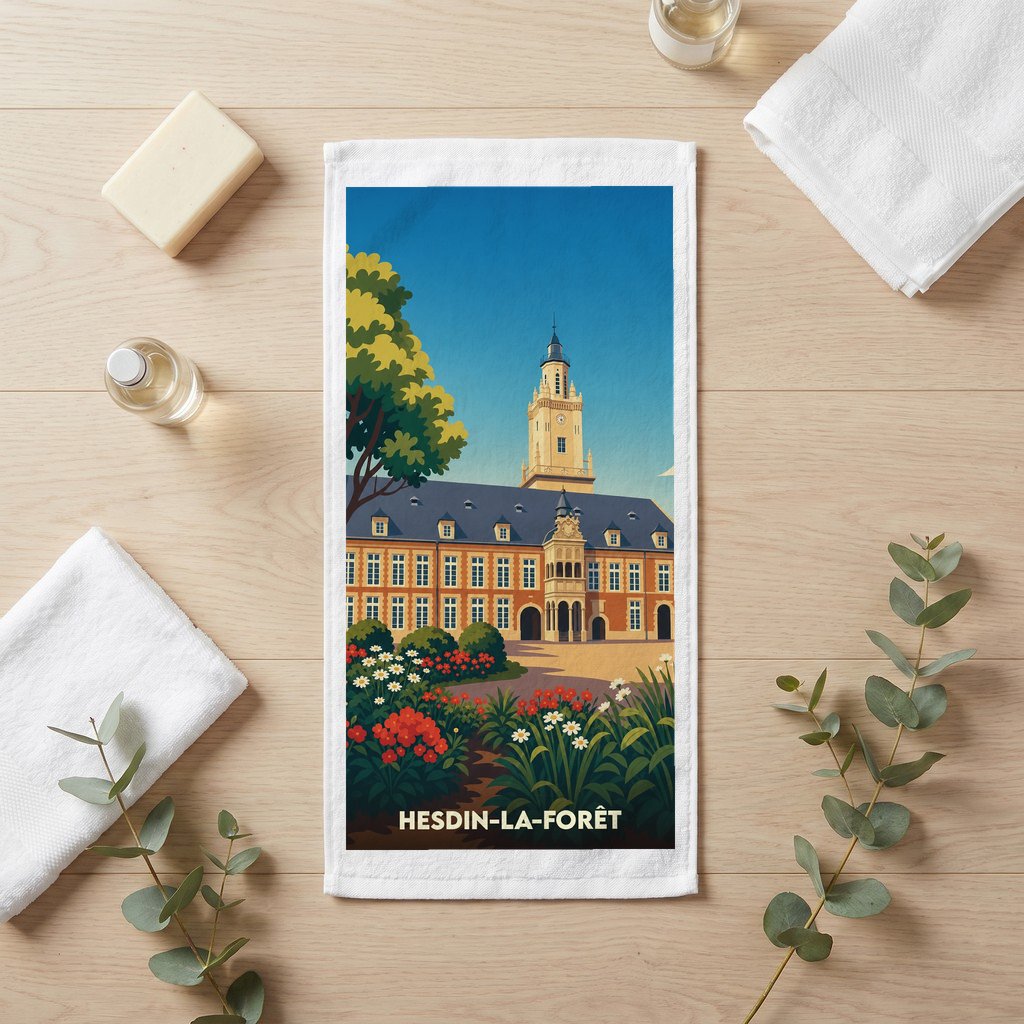Serviette de bain souvenir de la ville de Hesdin-la-Forêt avec une illustration stylisée.